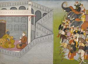 El asedio de Mathura por Jarasandha de la serie Guler-Basholi Bhagavata Purana de Fattu